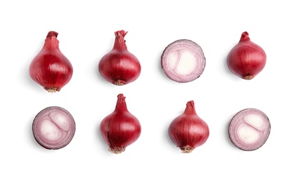 Photo of Beautiful composition with ripe red onions on white background