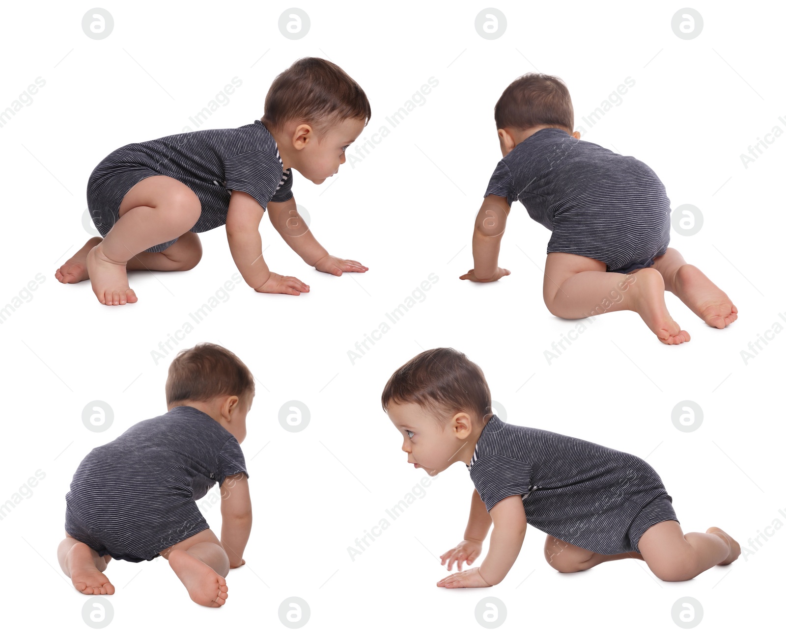 Image of Collage with photos cute little baby crawling on white background