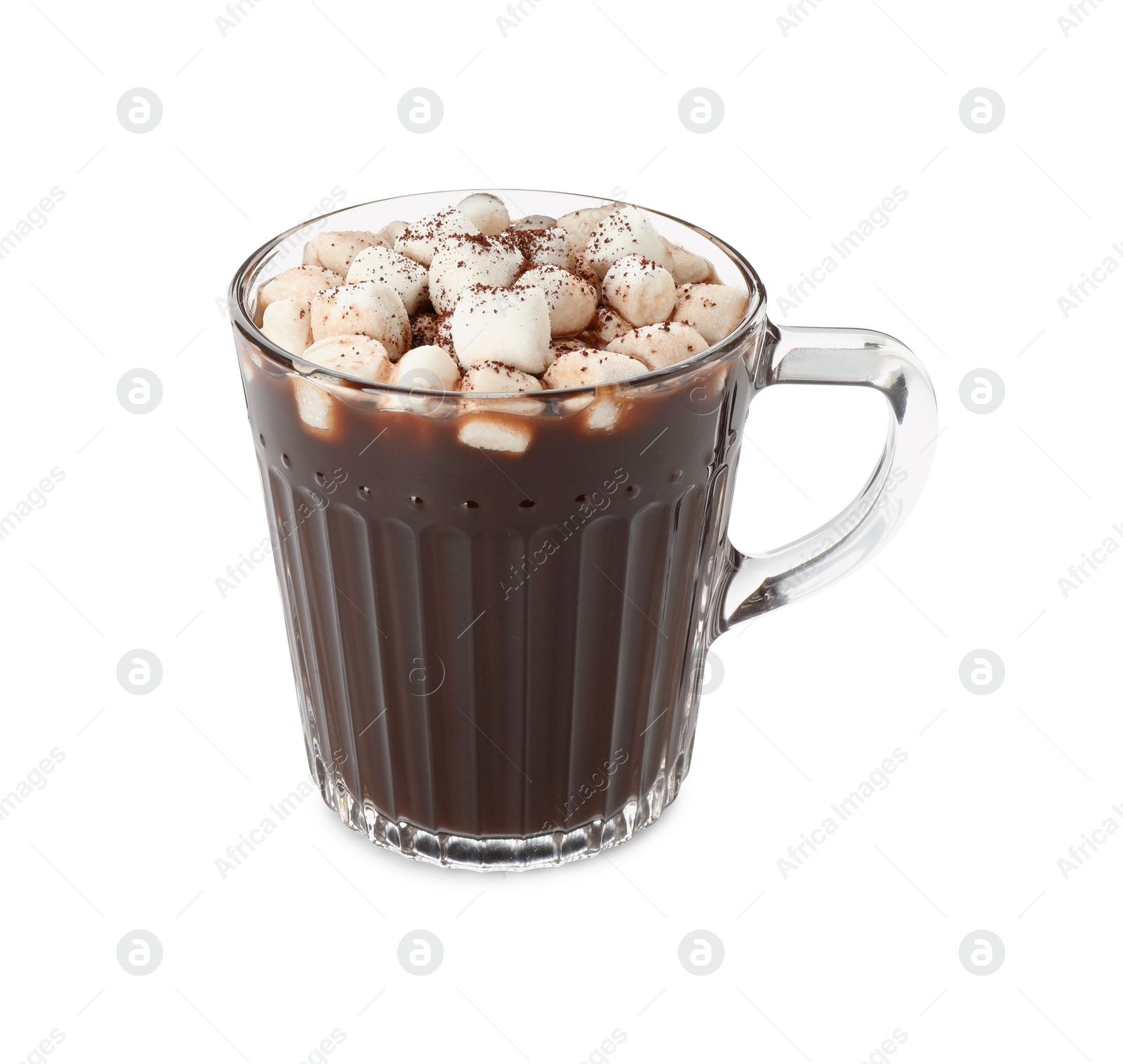 Photo of Cup of aromatic hot chocolate with marshmallows and cocoa powder isolated on white