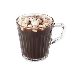 Photo of Cup of aromatic hot chocolate with marshmallows and cocoa powder isolated on white