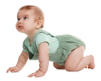 Cute little baby crawling on white background