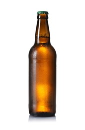 Photo of Brown glass bottle of beer isolated on white