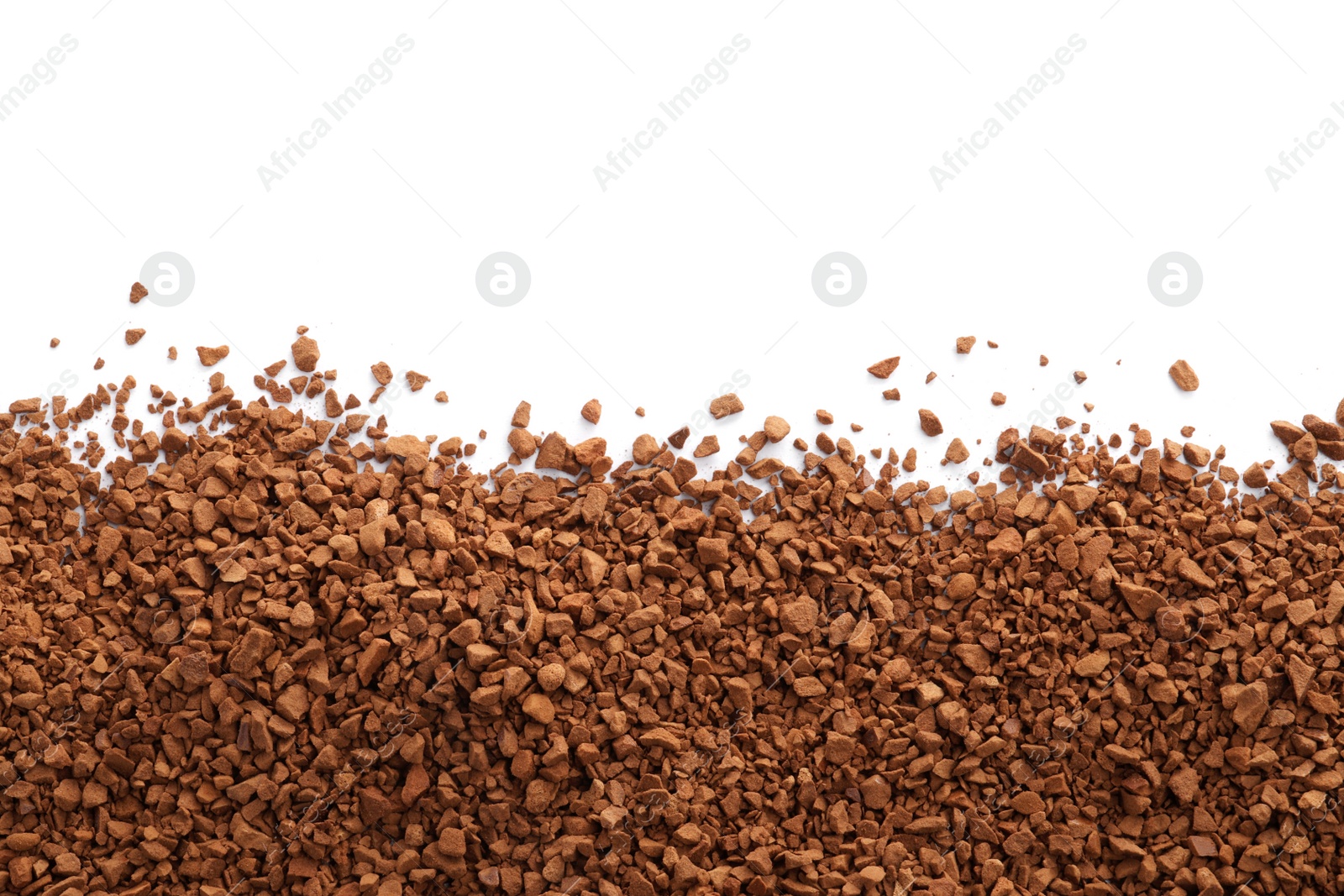 Photo of Heap of aromatic instant coffee isolated on white, top view