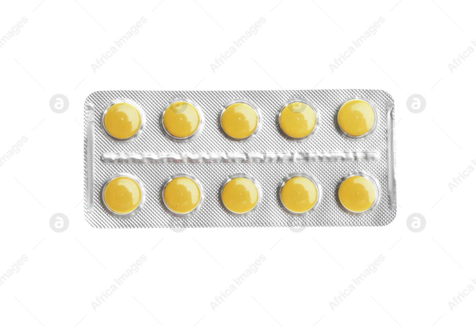 Photo of Pills in blister pack on white background, top view