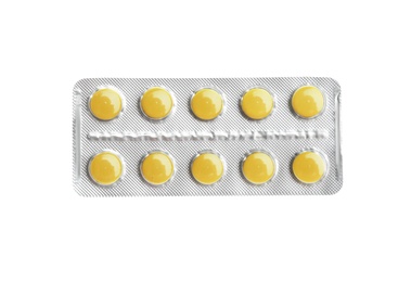 Pills in blister pack on white background, top view