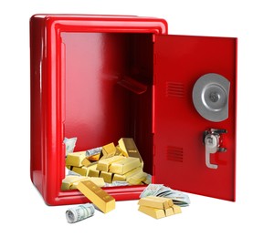 Image of Open red steel safe with money and gold bars on white background