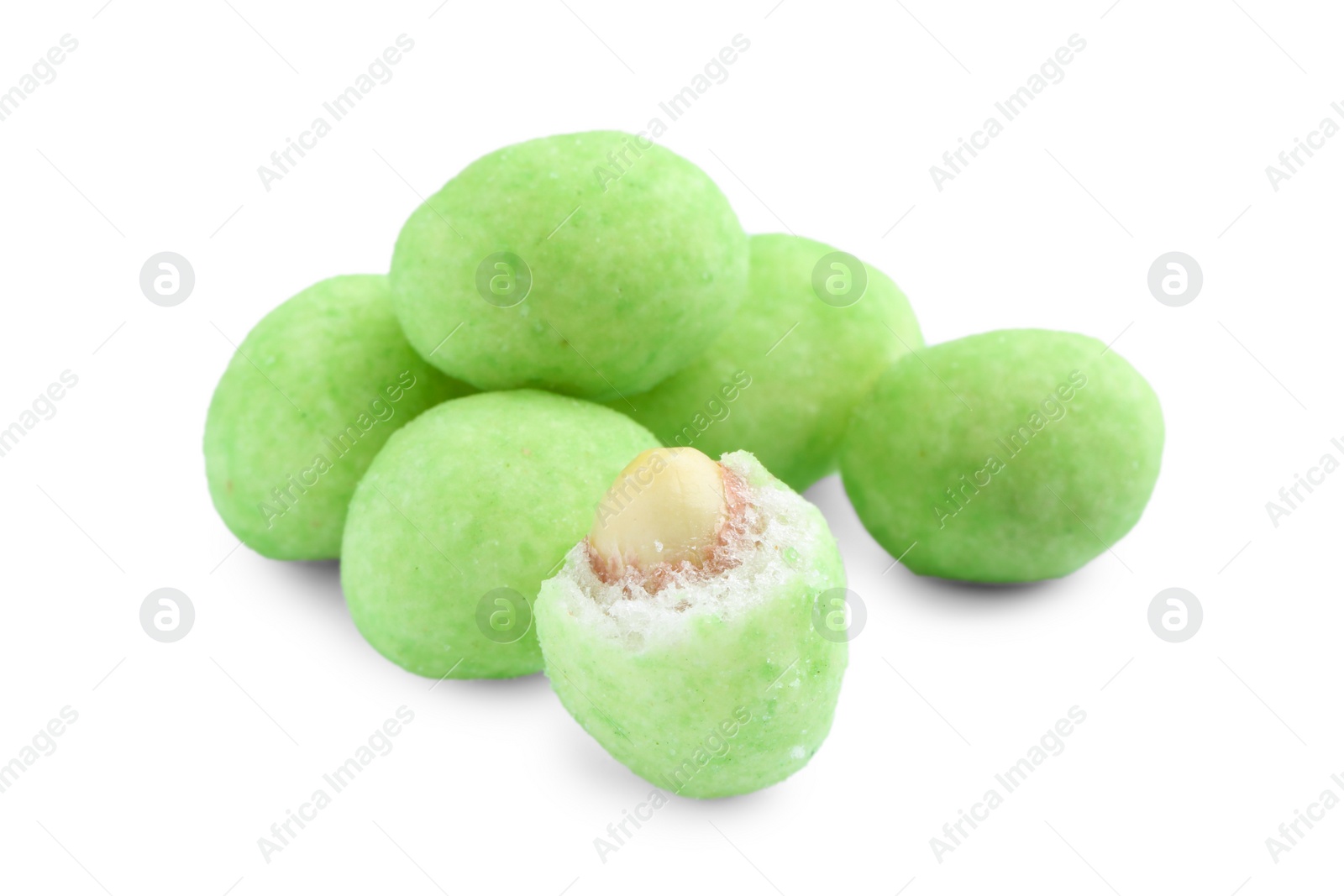 Photo of Pile of wasabi coated peanuts on white background