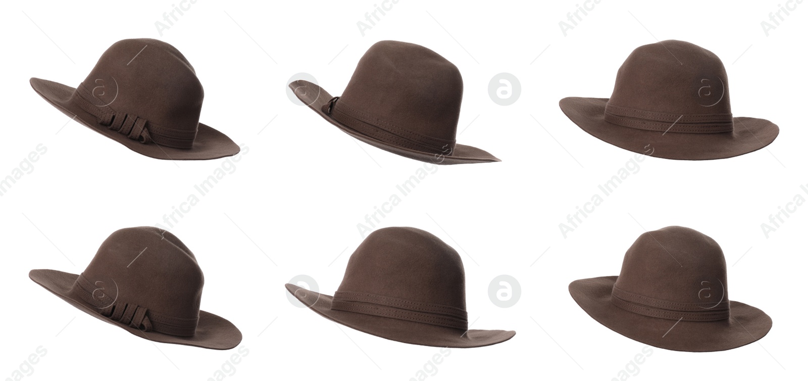 Image of Set with stylish hats on white background, banner design. Trendy headdress