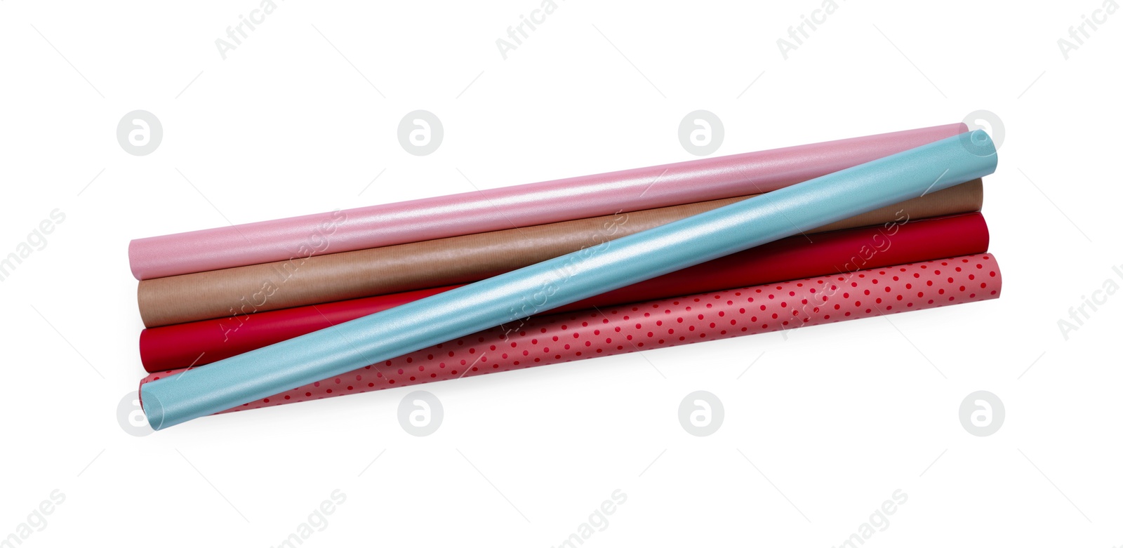 Photo of Rolls of colorful wrapping paper on white background, top view