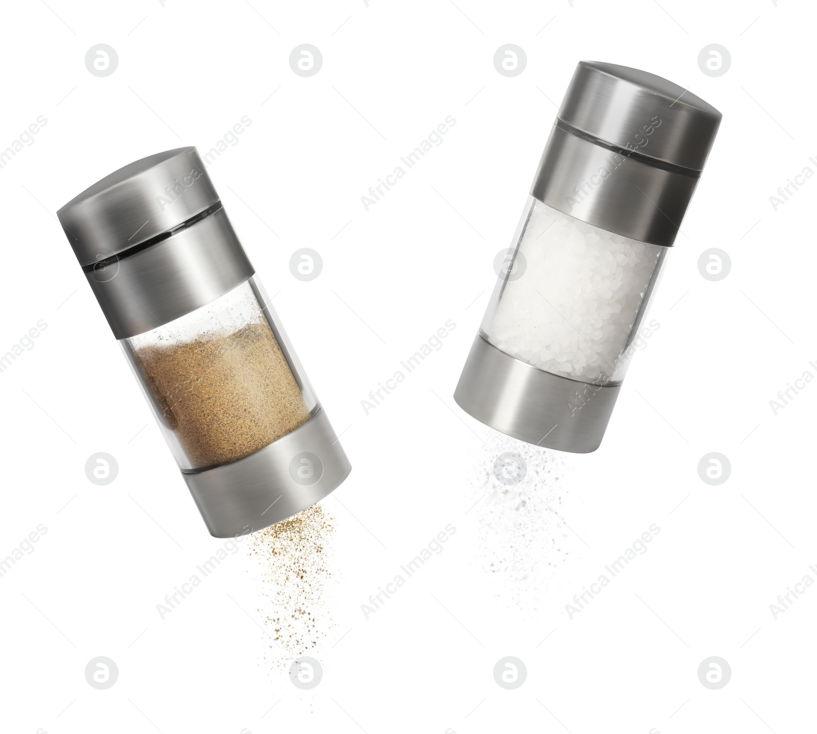 Image of Pepper and salt shakers on white background, collage