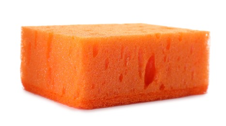 Photo of Orange cleaning sponge with abrasive scourer isolated on white