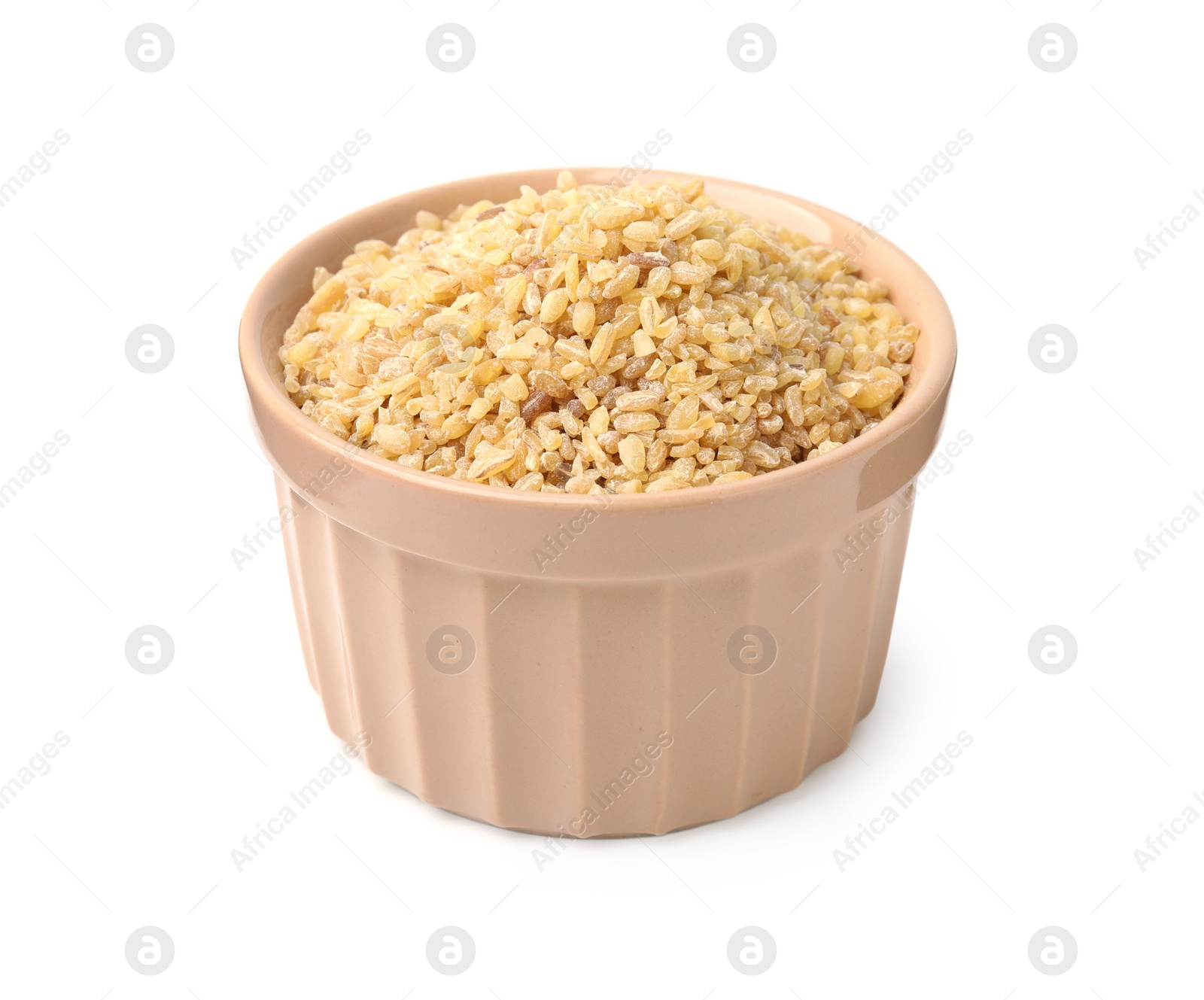 Photo of Raw bulgur in bowl isolated on white