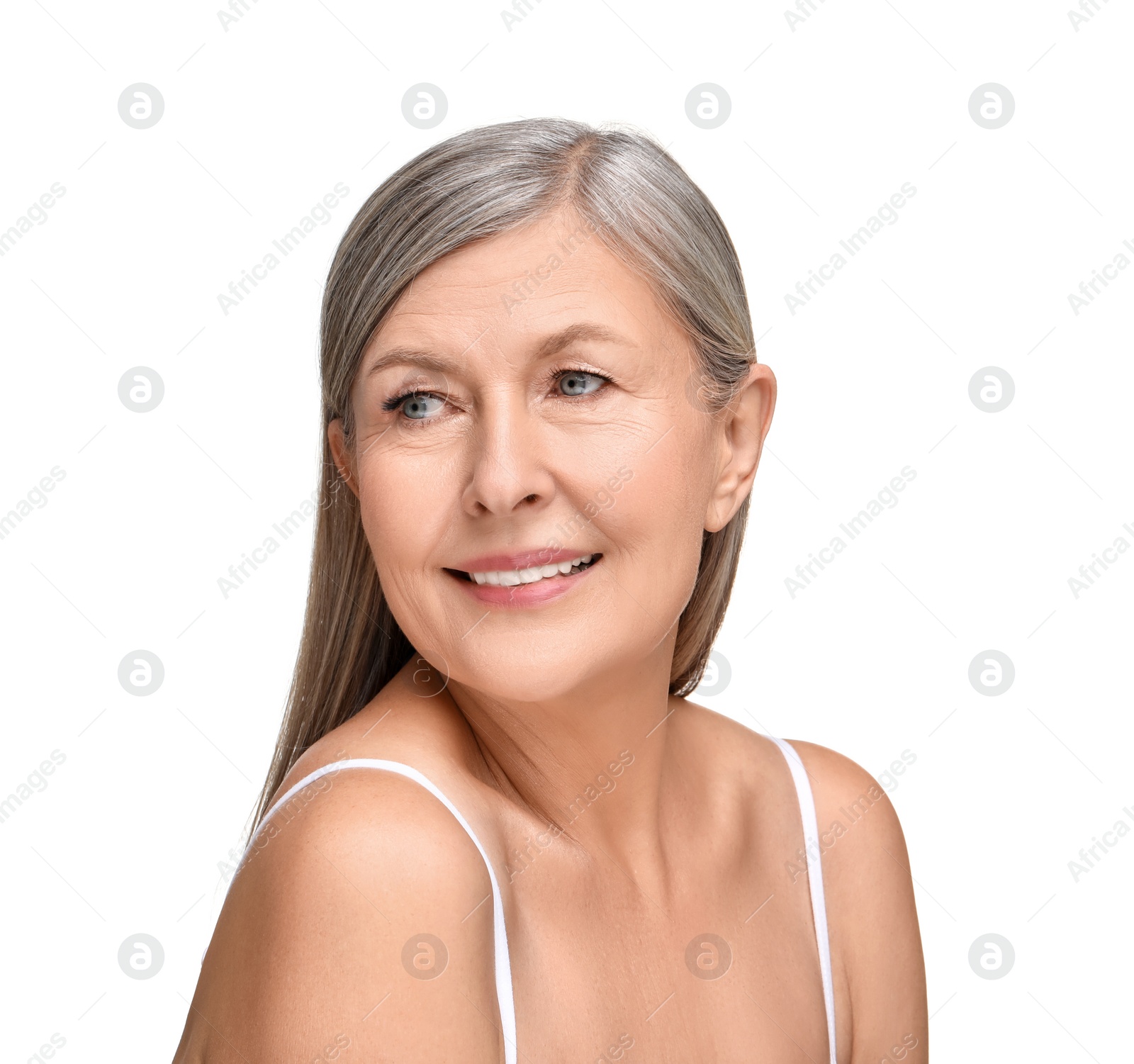 Photo of Beautiful mature woman with healthy skin on white background