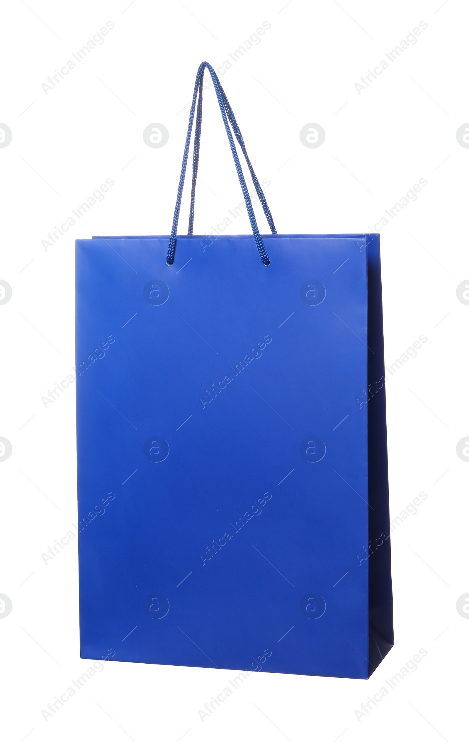 Photo of One blue shopping bag isolated on white