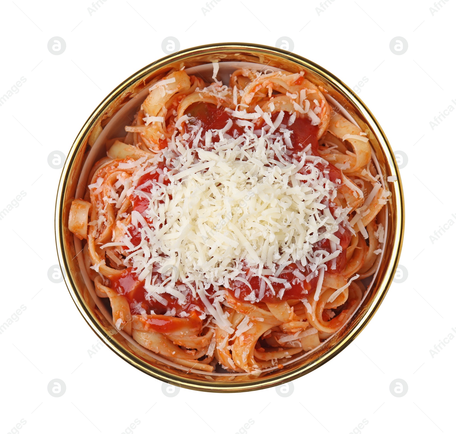Photo of Delicious pasta with tomato sauce and parmesan cheese isolated on white, top view