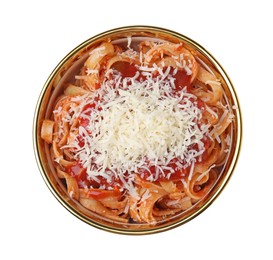 Photo of Delicious pasta with tomato sauce and parmesan cheese isolated on white, top view