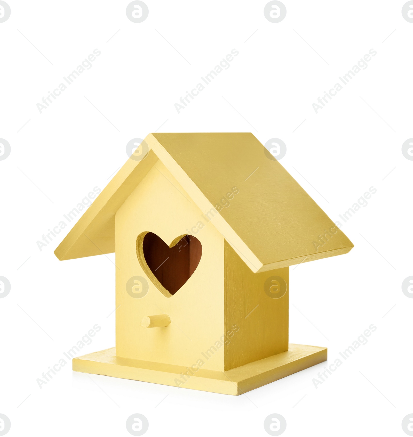 Photo of Beautiful bird house with heart shaped hole isolated on white