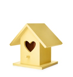 Beautiful bird house with heart shaped hole isolated on white