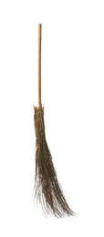 Old broom with wooden handle isolated on white