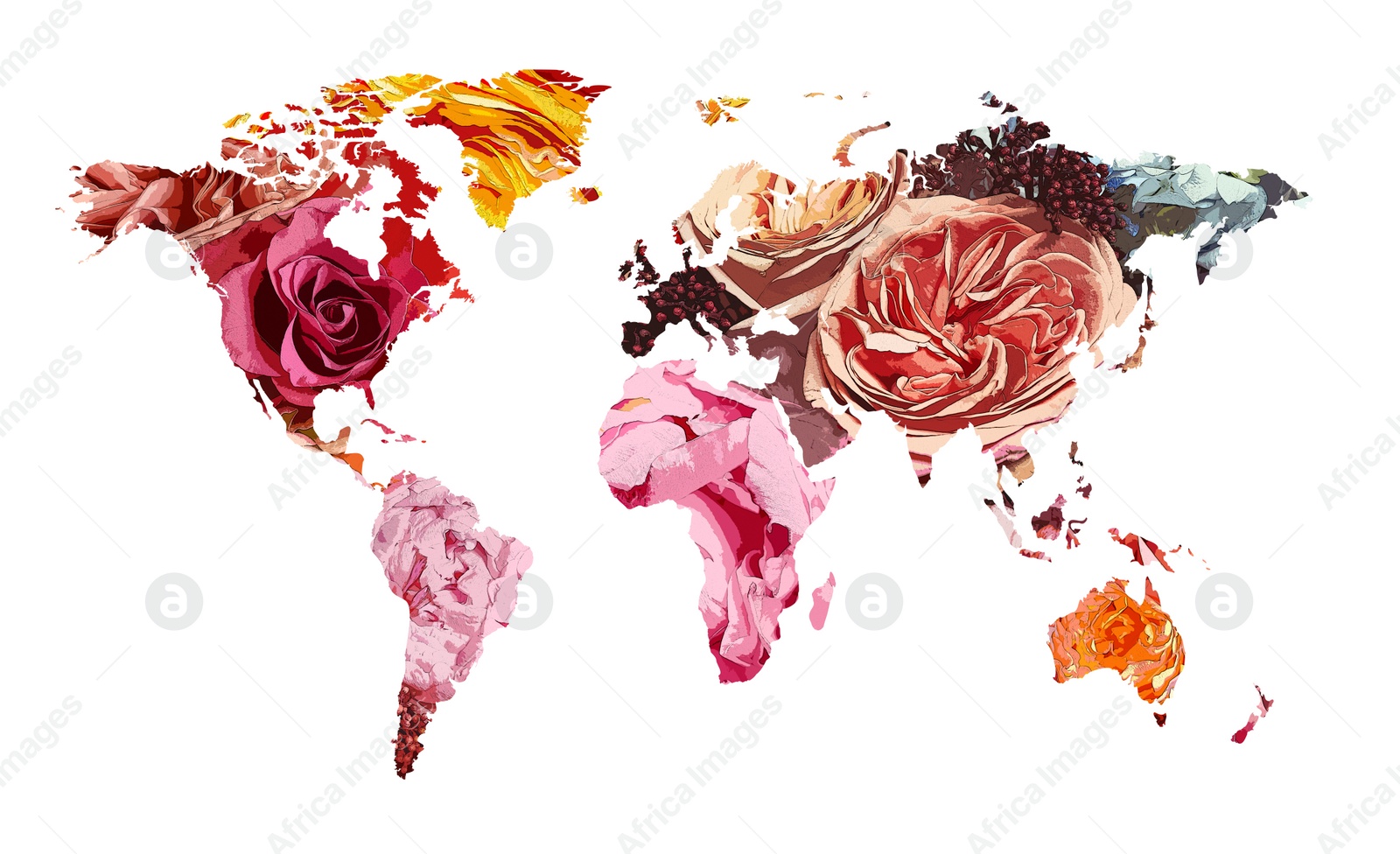 Image of World map made of beautiful flowers on white background, banner design