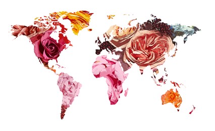 Image of World map made of beautiful flowers on white background, banner design