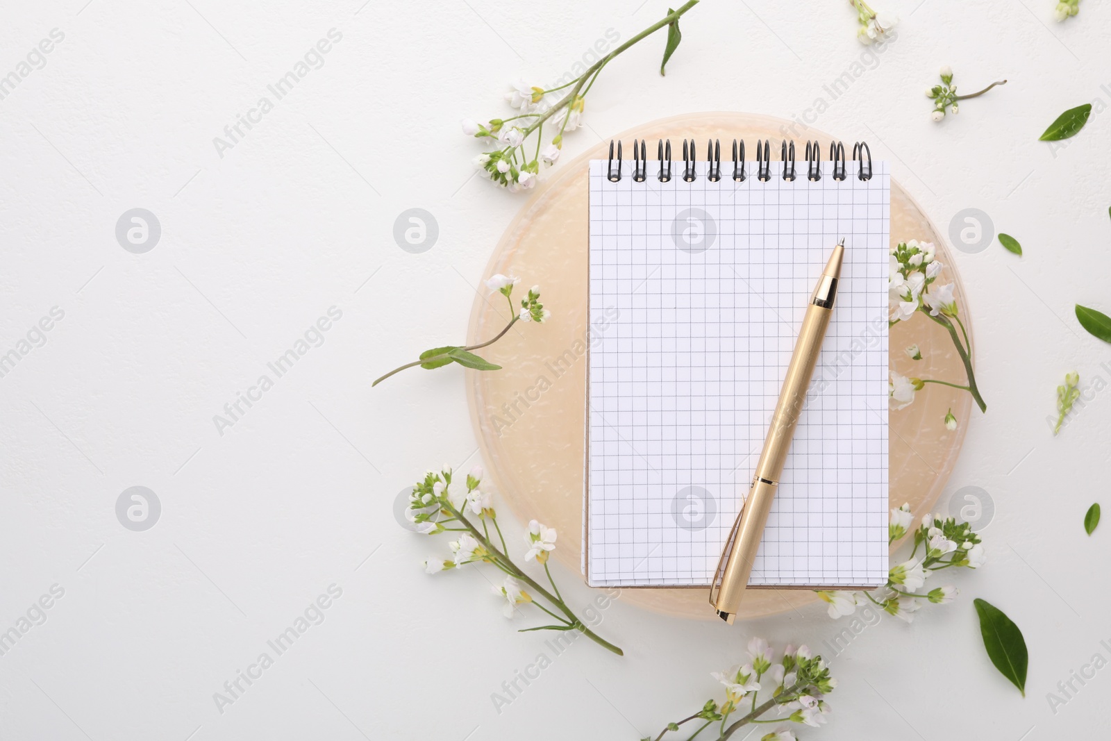 Photo of Guest list. Notebook, pen and beautiful spring tree blossoms on white background, flat lay. Space for text