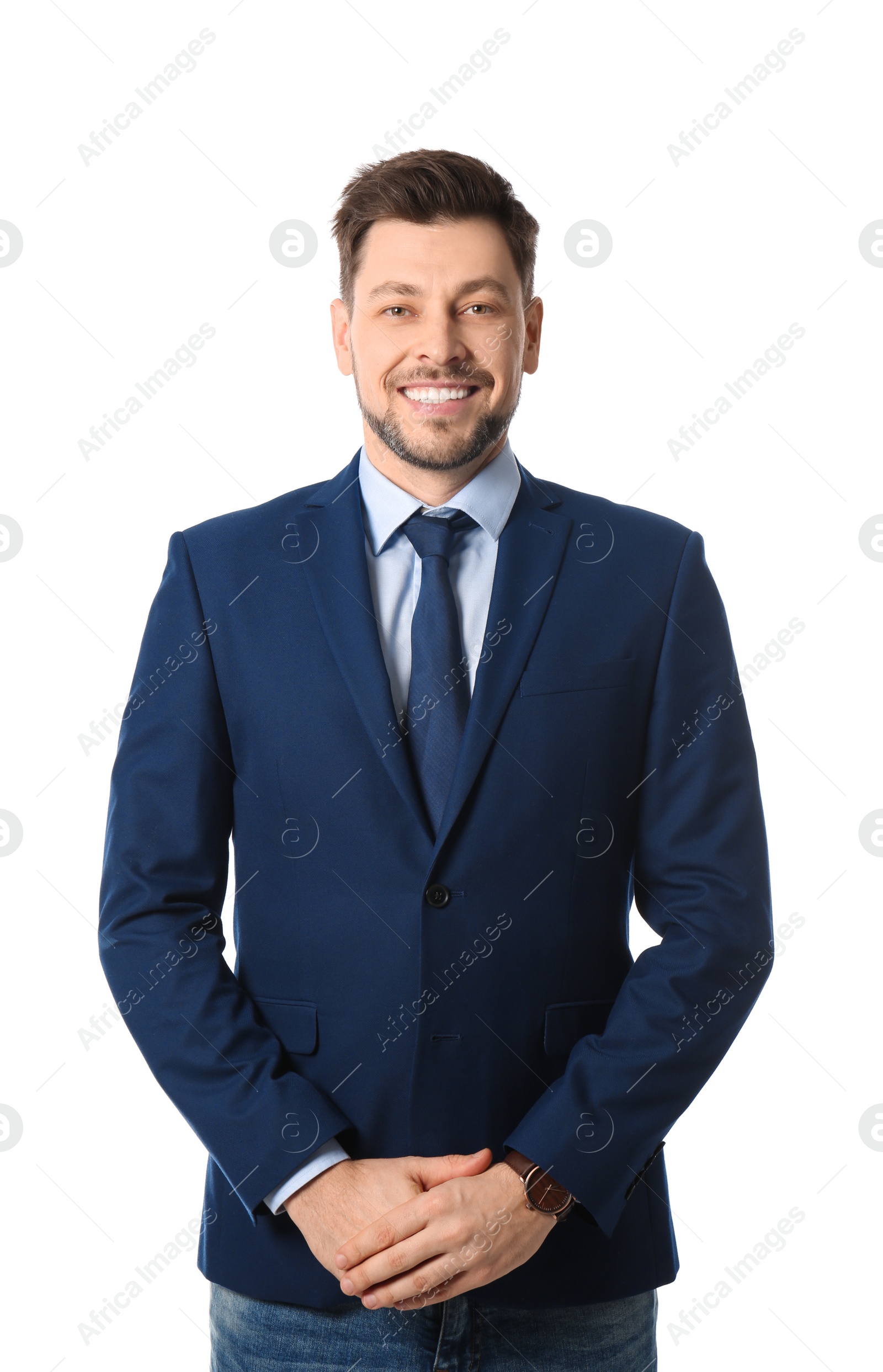 Photo of Portrait of happy businessman posing on white background