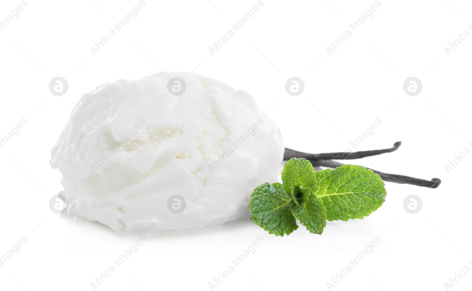 Photo of Scoop of delicious ice cream with vanilla and mint on white background