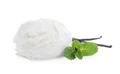 Scoop of delicious ice cream with vanilla and mint on white background