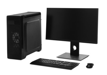 Modern computer monitor with black screen, system unit, keyboard and mouse on white background