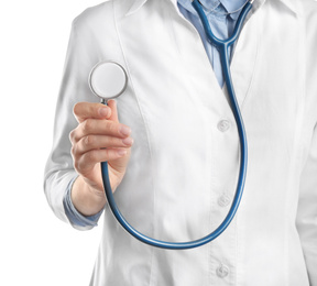 Photo of Doctor with stethoscope on white background, closeup. Medical service