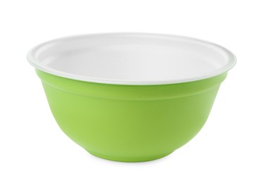 Photo of Disposable green plastic bowl isolated on white
