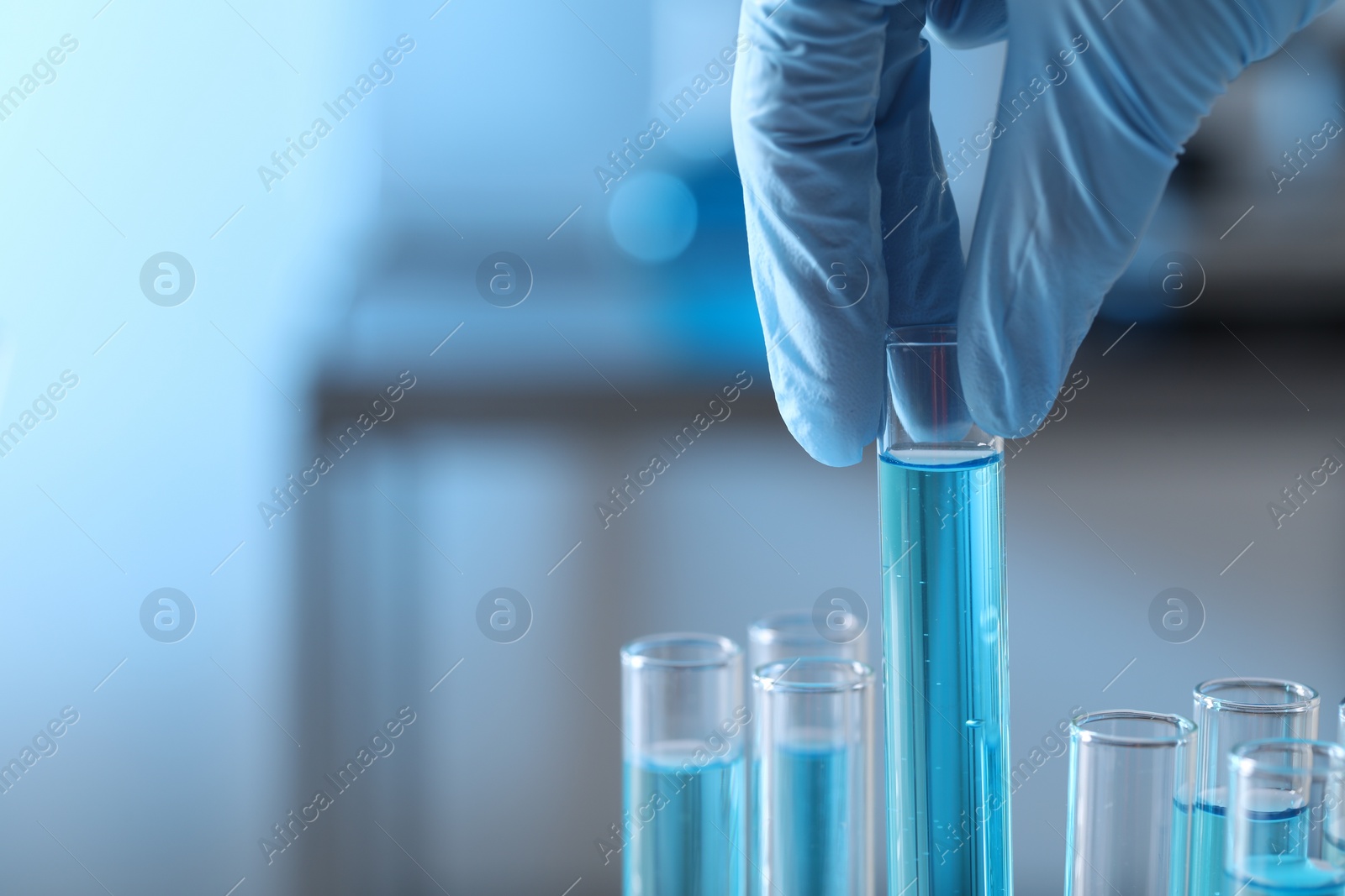 Photo of Scientist taking test tube with light blue liquid in laboratory, closeup. Space for text