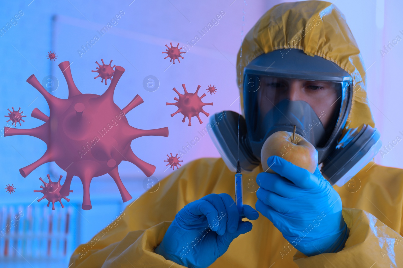 Image of Scientist in chemical protective suit with apple and syringe at laboratory. Vaccine research