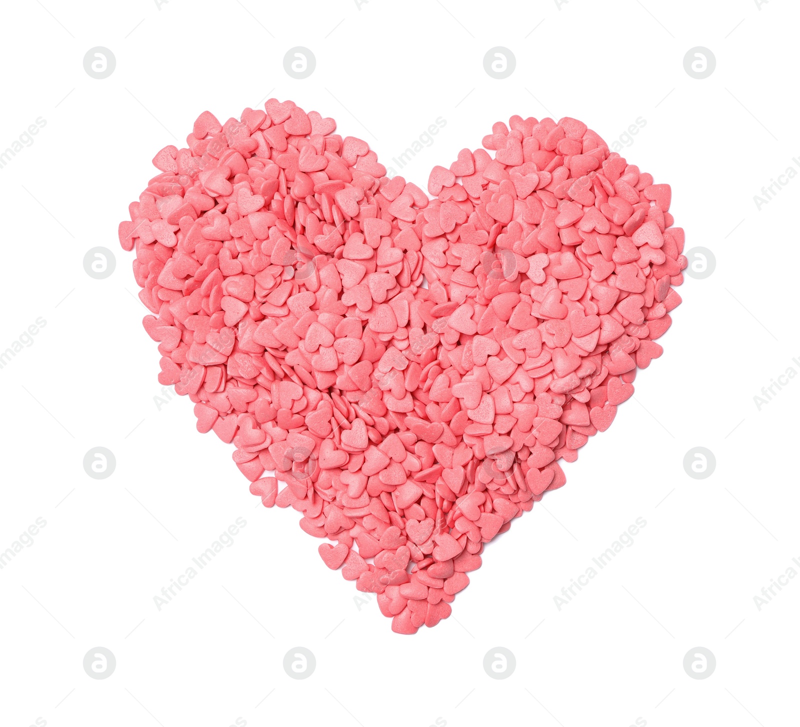 Photo of Heart made of sweet candies on white background, top view