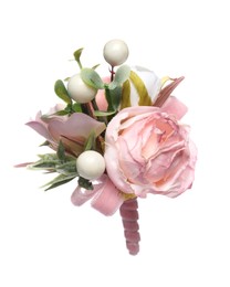 Photo of Beautiful boutonniere with pink rose isolated on white