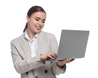 Photo of Happy woman with laptop on white background