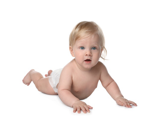 Photo of Cute little baby in diaper on white background