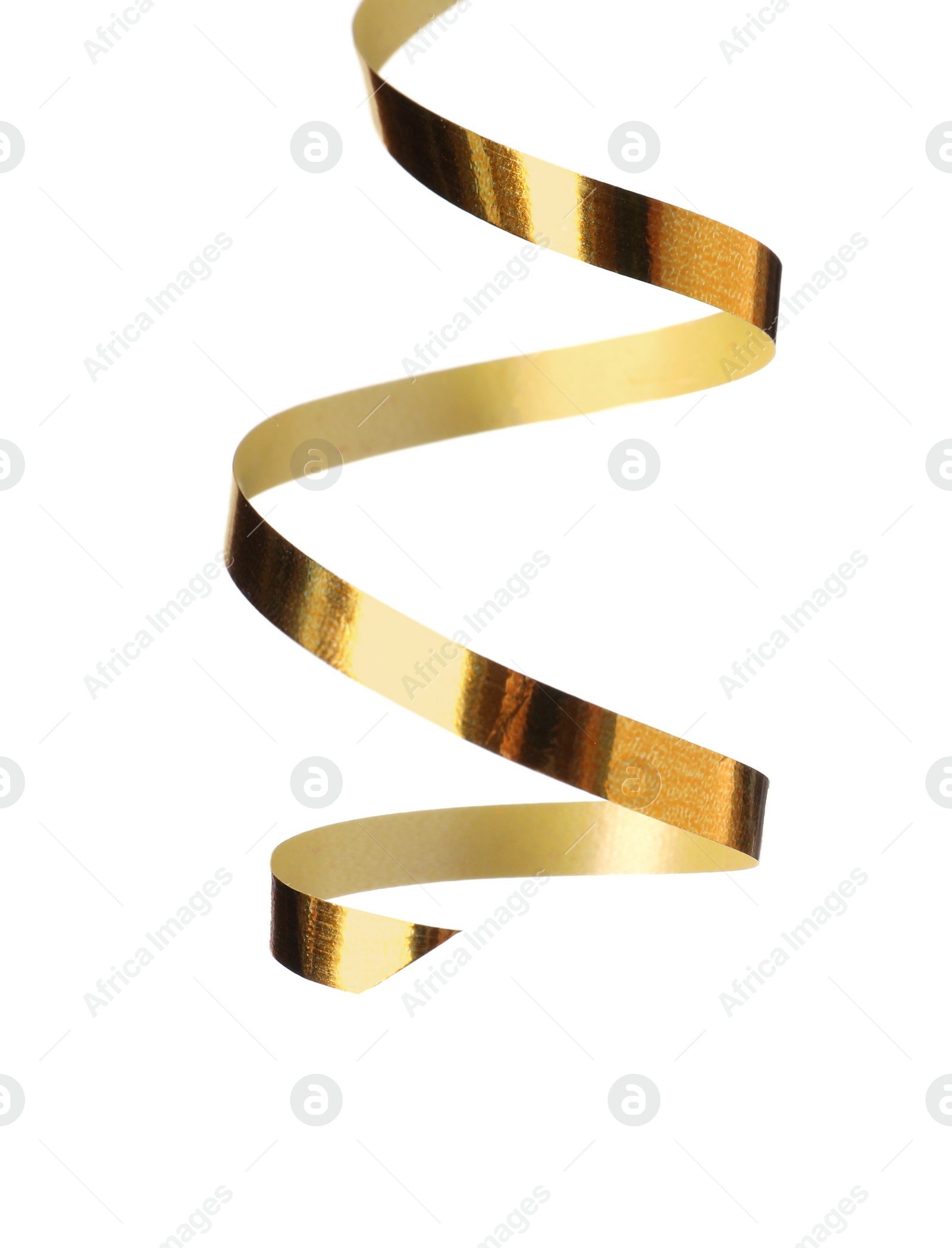 Photo of Shiny serpentine streamer on white background. Festive decor