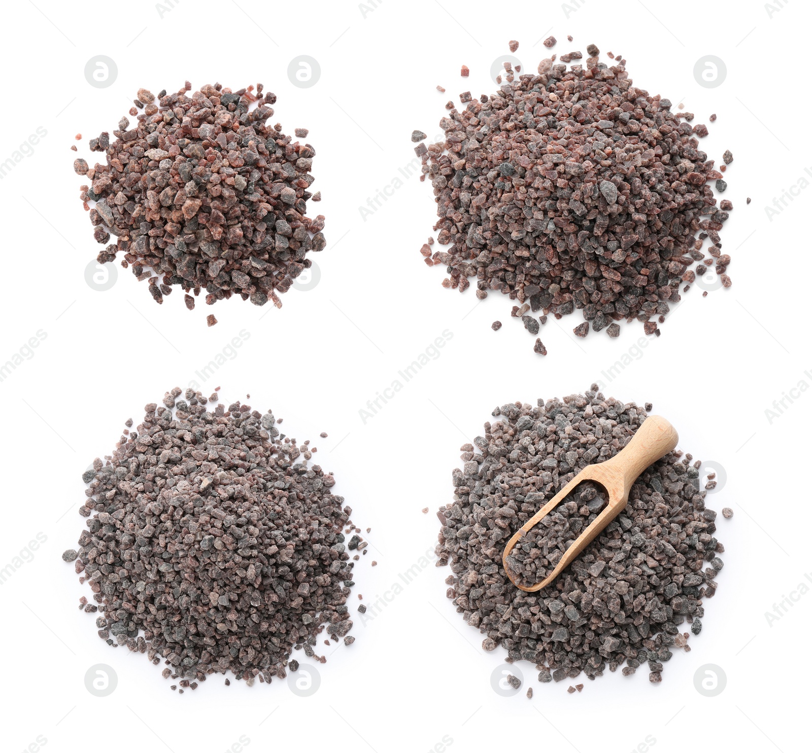 Image of Collage with black salt on white background, top view. Banner design 