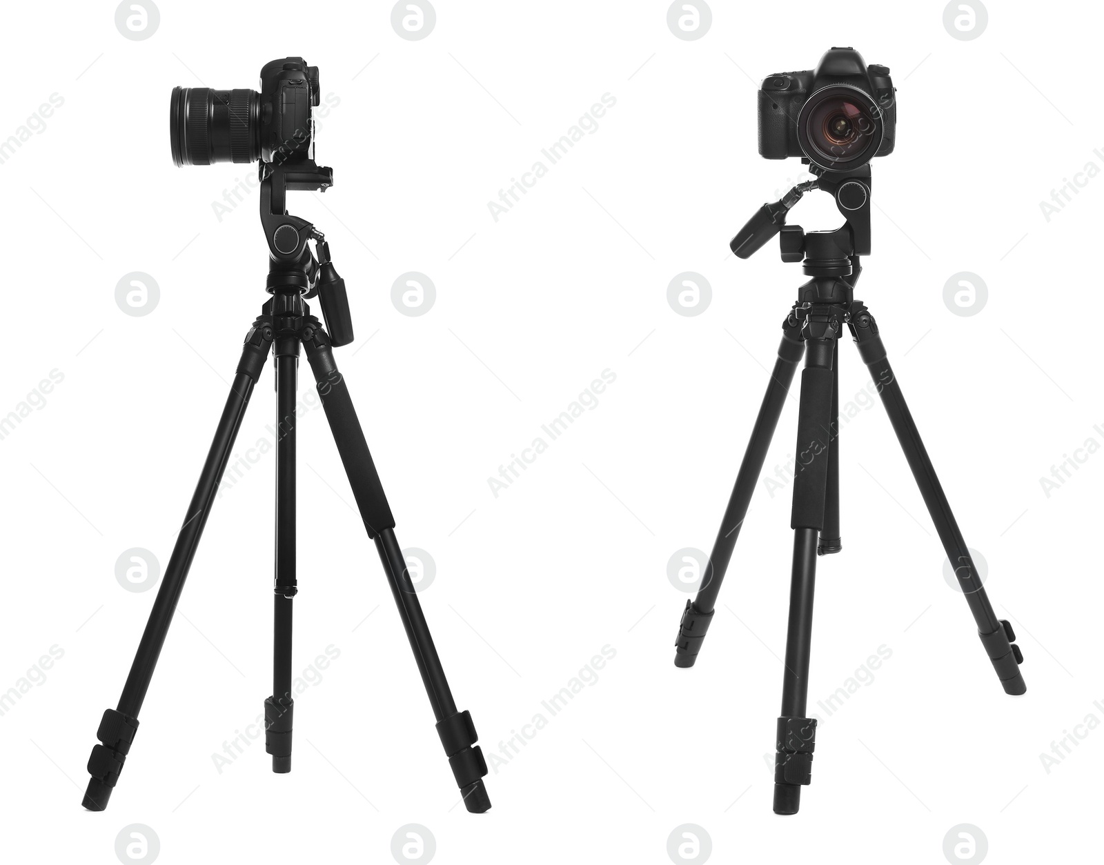 Image of Modern tripods with professional cameras on white background 