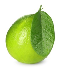 Photo of Wet green ripe lime with leaf isolated on white