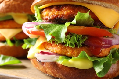 Double vegetarian burger with carrot cutlets, closeup