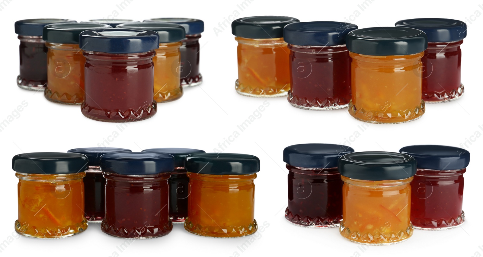 Image of Set with jars of different tasty jam on white background 