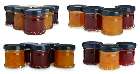 Set with jars of different tasty jam on white background 