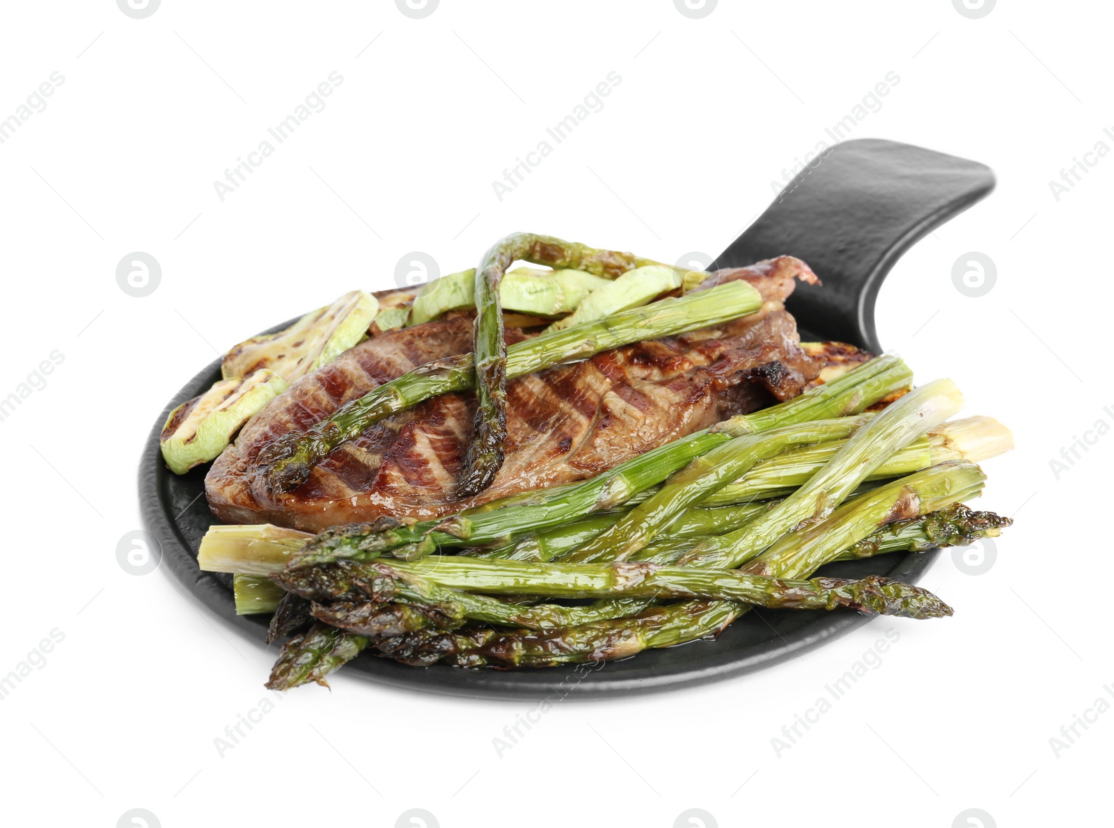 Photo of Tasty grilled meat with asparagus isolated on white