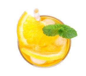 Photo of Delicious orange lemonade made with soda water isolated on white, top view