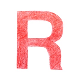 Letter R written with red pencil on white background, top view