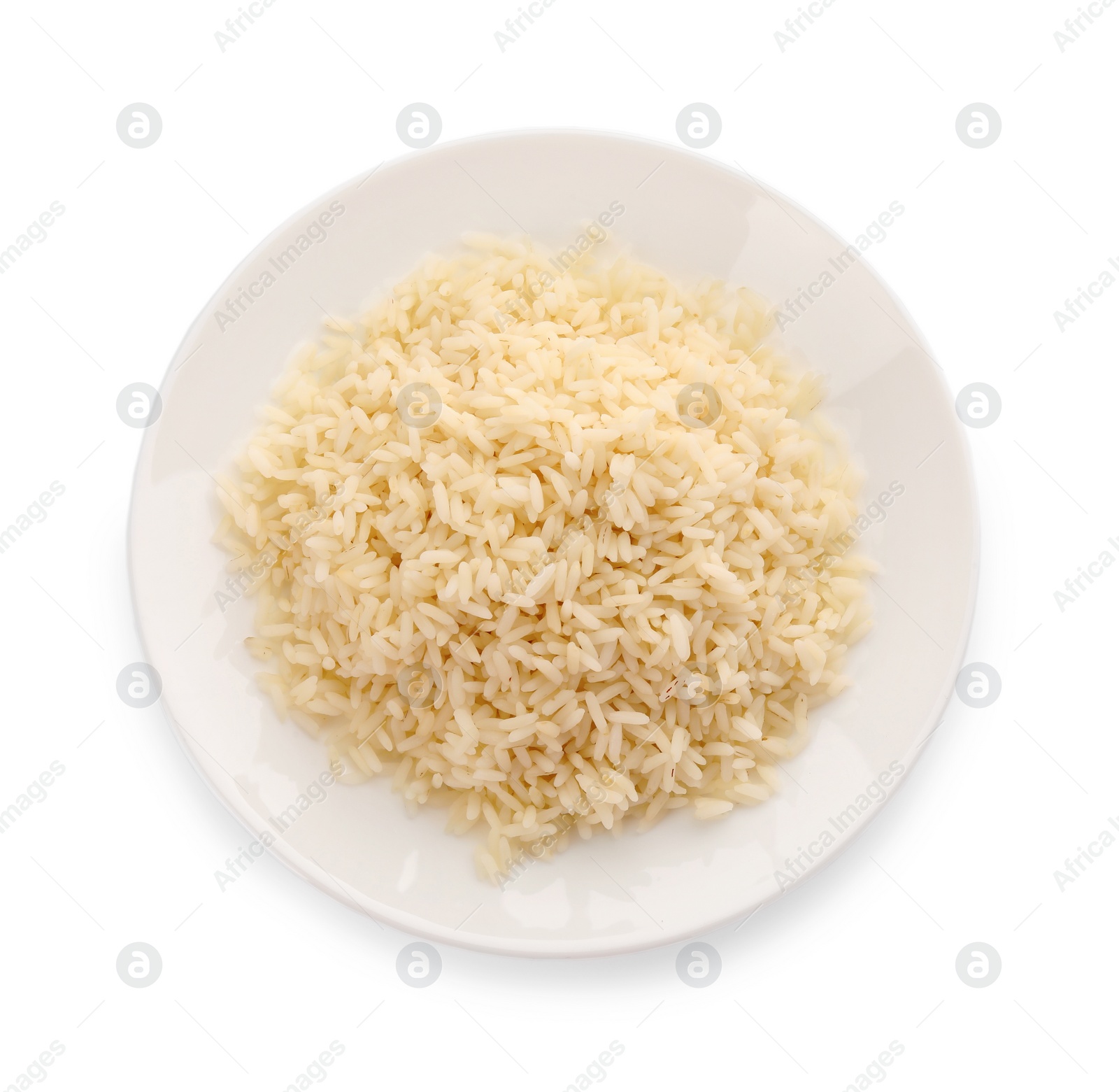 Photo of Plate with delicious rice isolated on white, top view