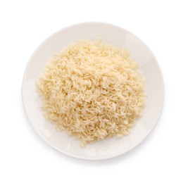 Plate with delicious rice isolated on white, top view